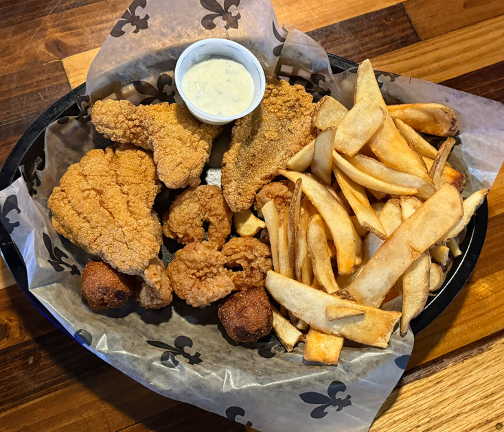 Seafood Platter Fried Catfish, Shrimp, Fries & Jalapeno Hushpuppies